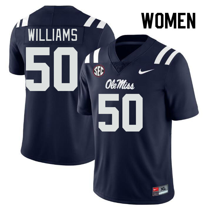 Women #50 Jayden Williams Ole Miss Rebels College Football Jerseys Stitched-Navy